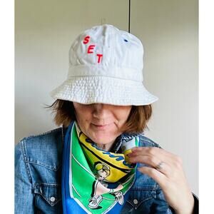 Vintage White Bucket Hat Tennis Love Set Match 100% Cotton Summer Accessory
